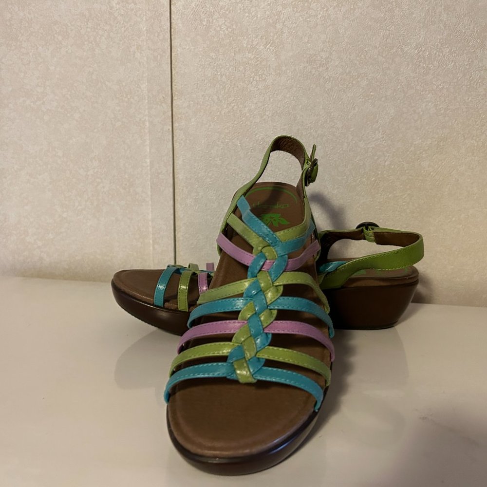Dansko Multicolor Strappy Braided Sandals — Green, Blue, Lavender